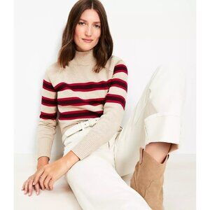 NWT Loft Tan Red Maroon Striped Ribtrim Mock Neck Sweater Womens Size Large